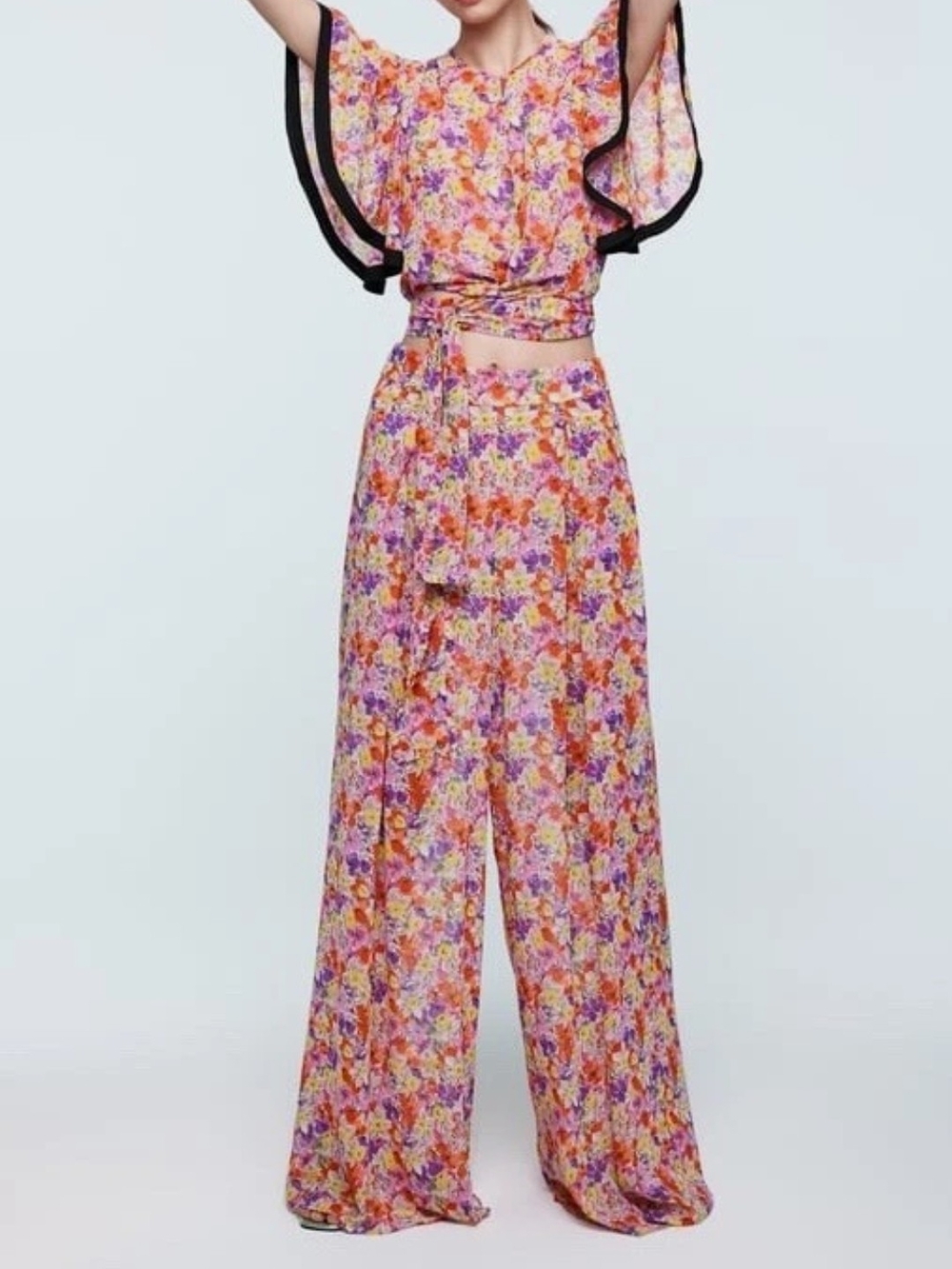 Zara Pink Multi Floral Wide-Leg High Waist Pants